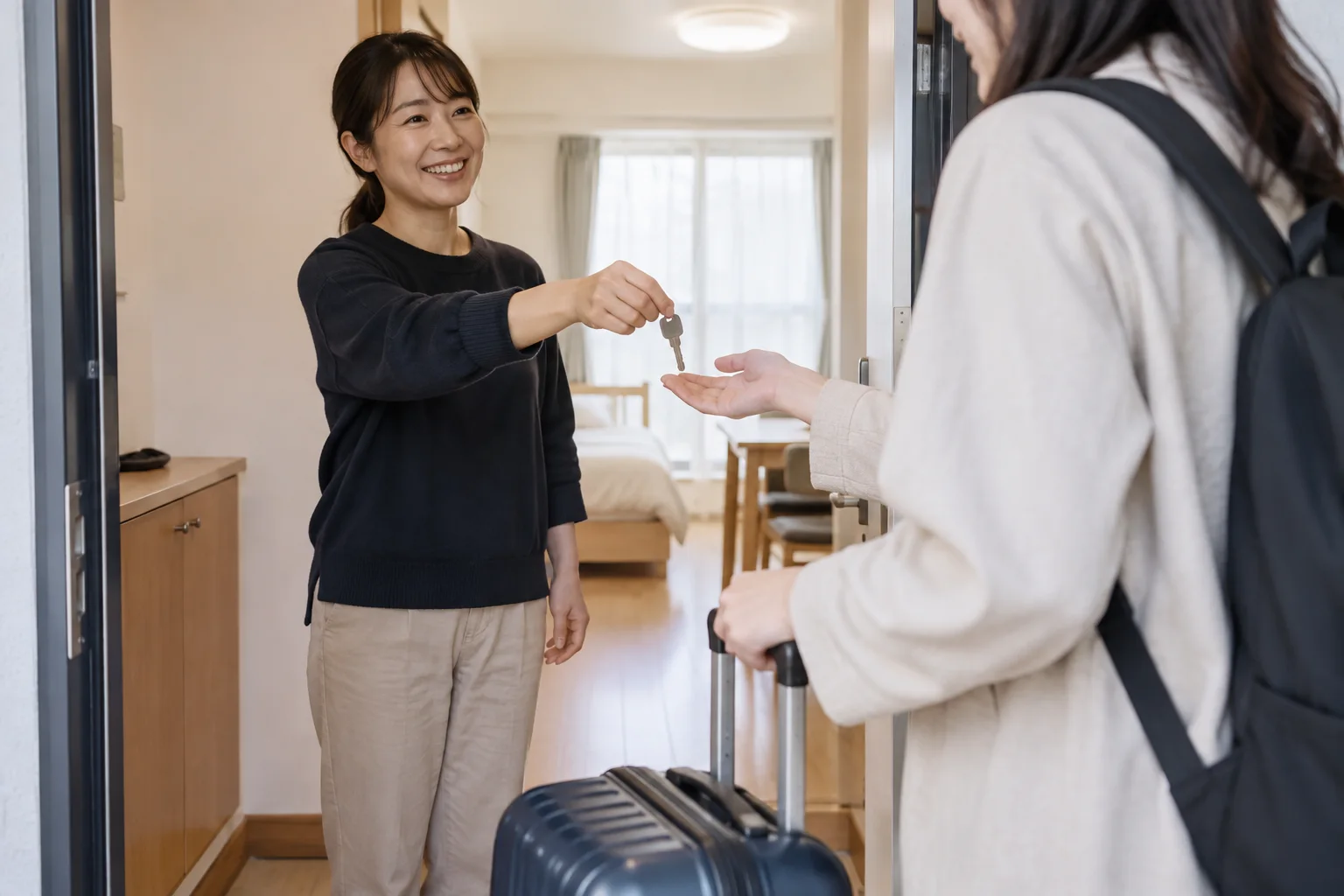 A newcomer with a suitcase receives a key at a furnished temporary apartment.