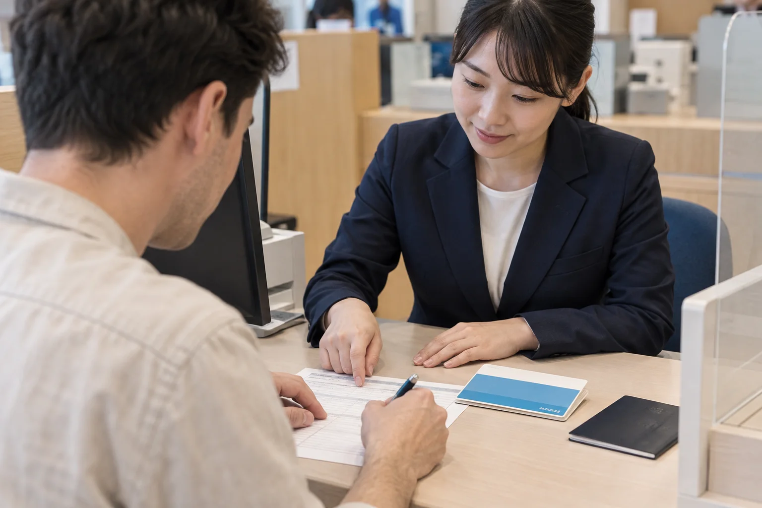A customer discusses an account application at a bank desk with a passbook and identity document.