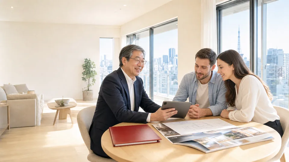 Illustration of a relaxed conversation about a home, with plans on the table