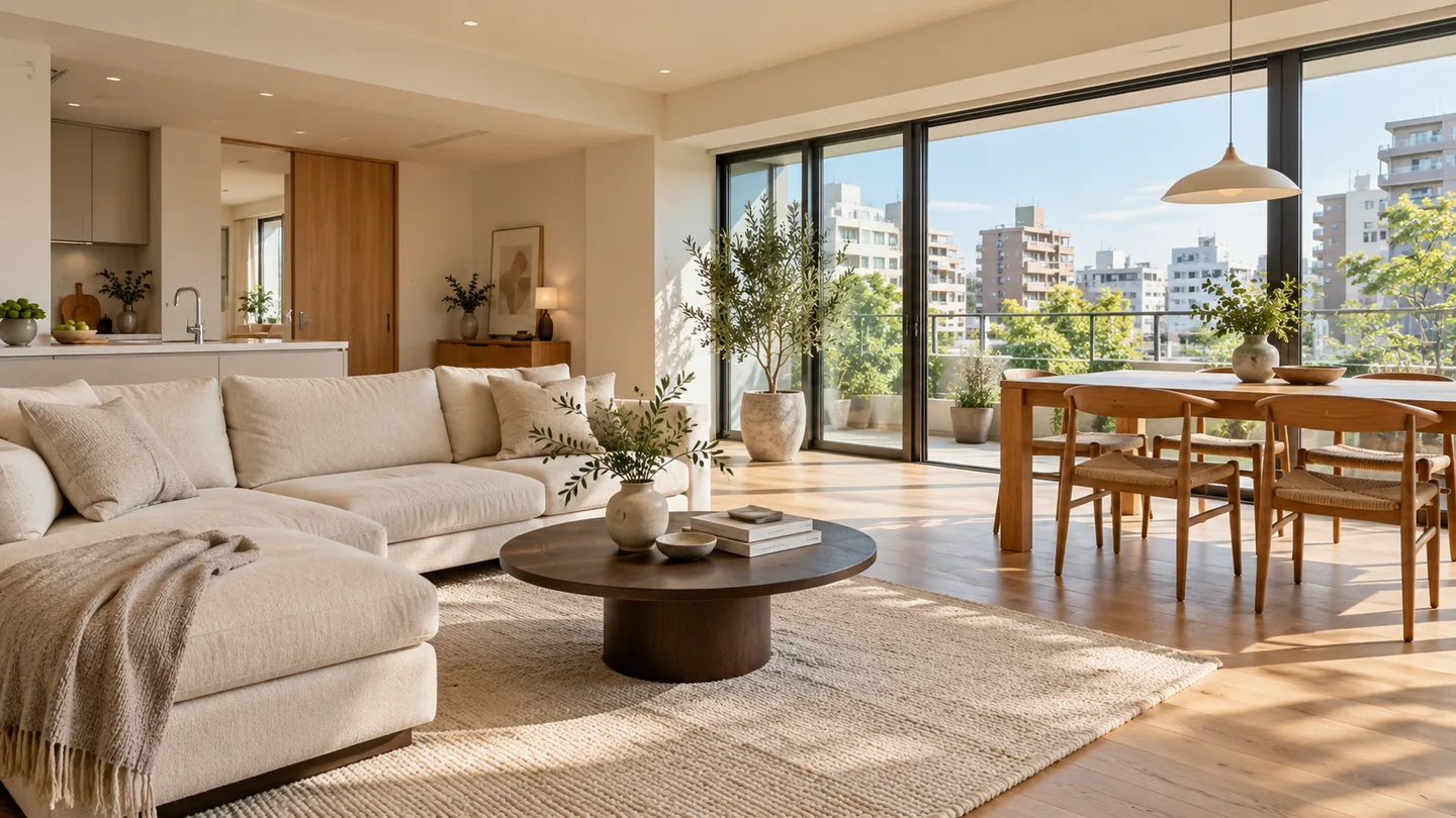 Interior illustration of a sunlit living room with natural wood furniture and space to relax