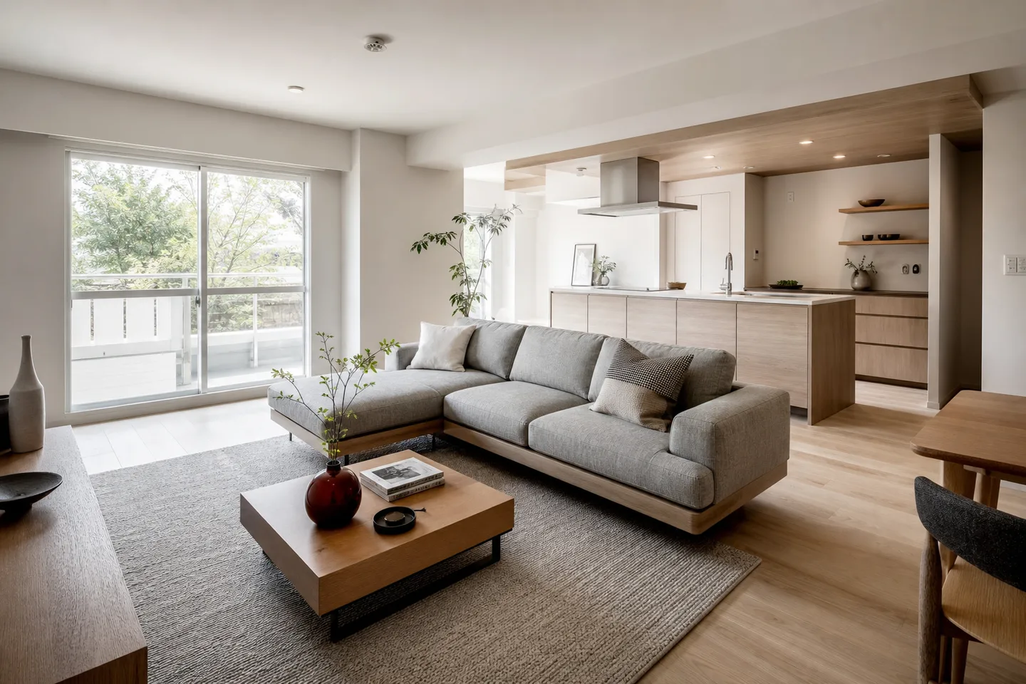 Interior illustration of a living room looking out onto greenery